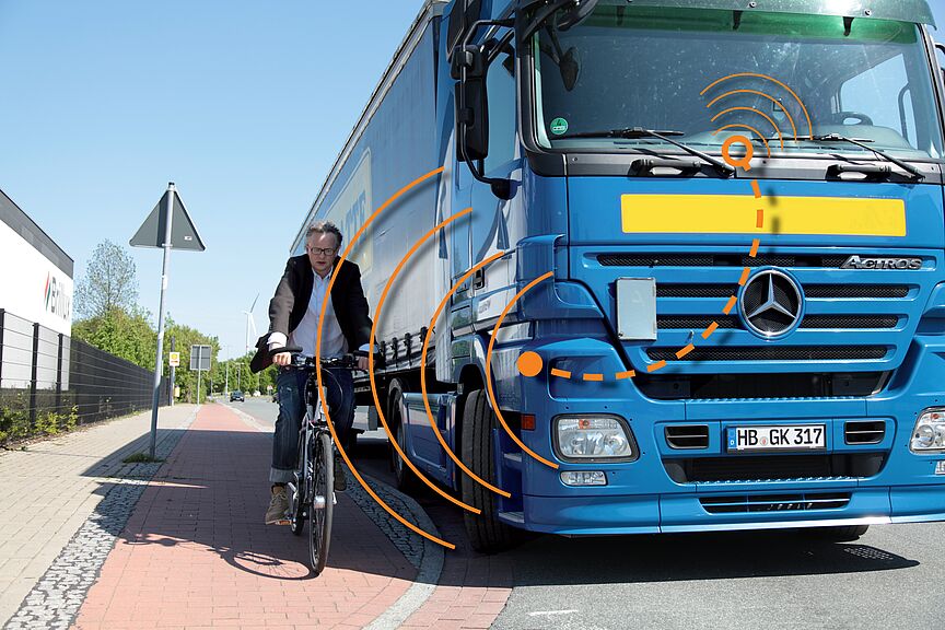 Radfahrer und Lkw: Visualisierung Abbiegeassistent. Radfahrer und Lkw: Visualisierung Abbiegeassistent.