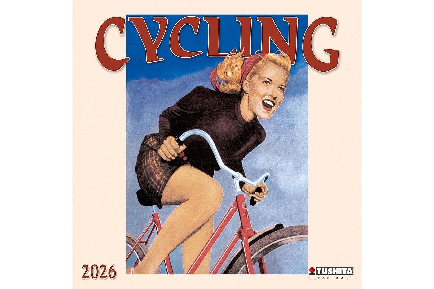 Kalender Gezeichnete Frau fährt lachend auf einem roten Fahrrad, darüber steht der Titel „Cycling 2026“