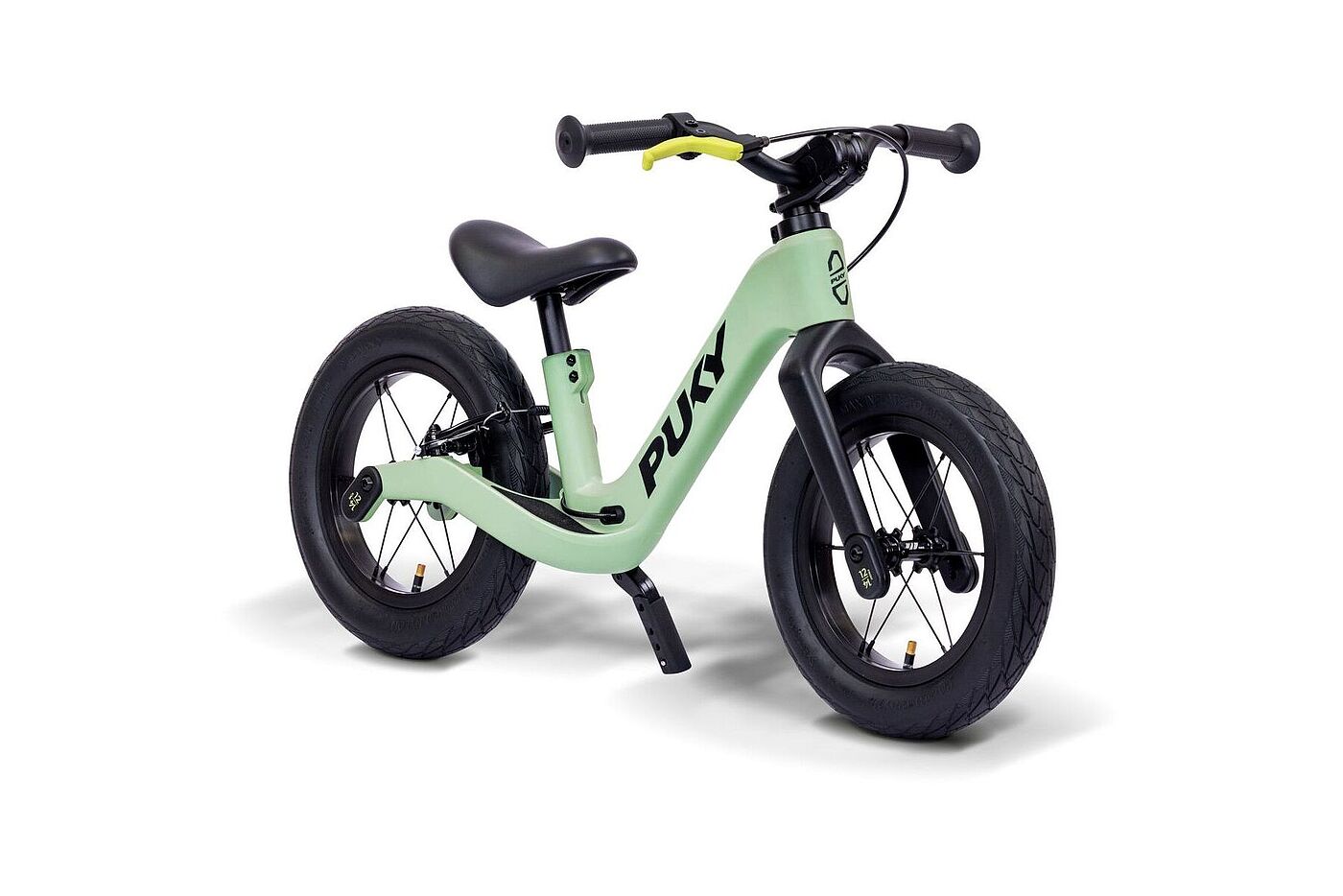 Puky Next Hellgrünes Laufrad mit schwarzen Reifen und schwarzem Sattel, seitlich fotografiert.