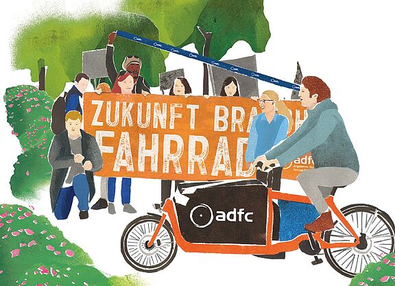 Menschen fahren Fahrrad und halten ein Schild "Zukunft braucht Fahrrad"